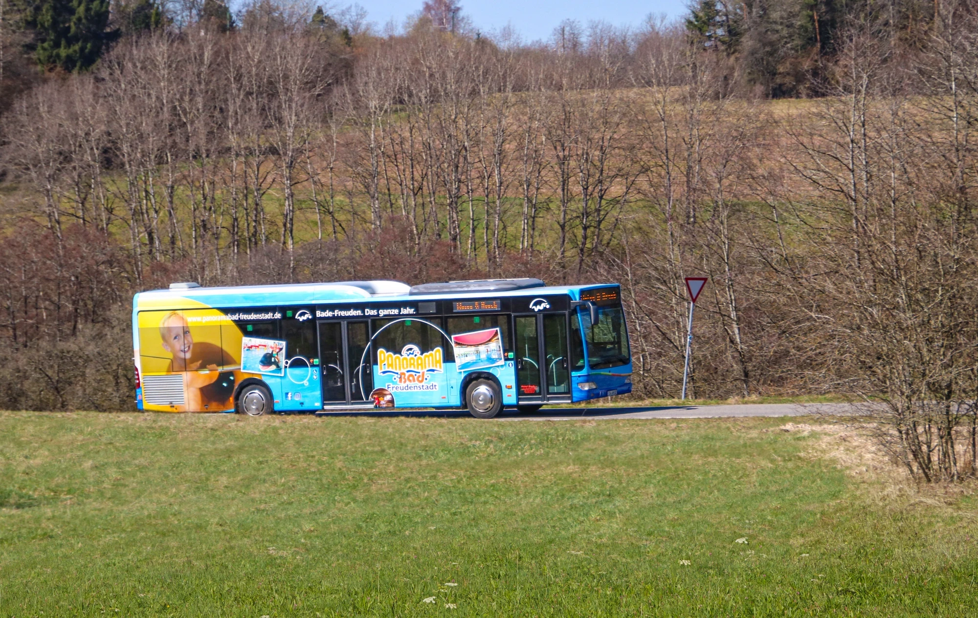Linienbus mit großflächiger Panoramabad-Werbung