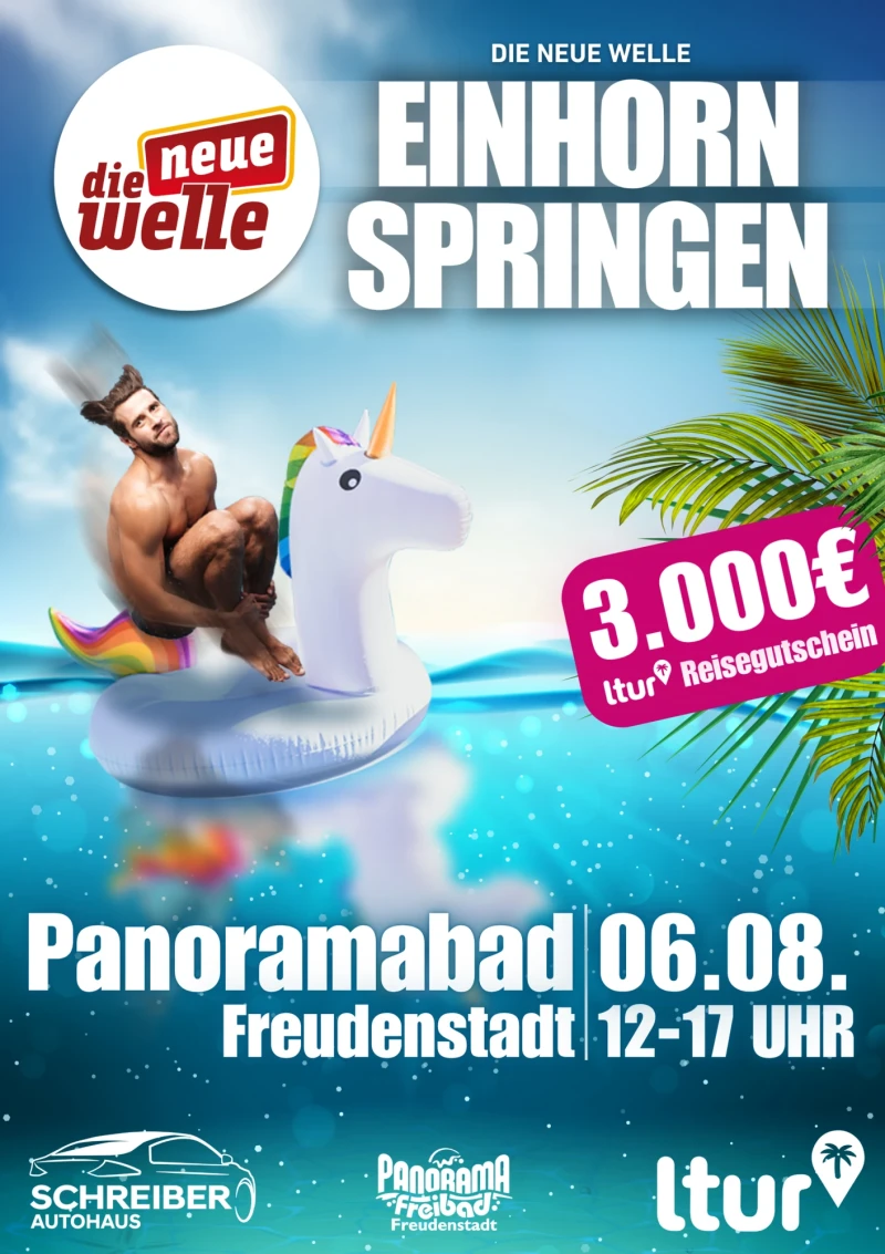 Postermotiv des Events Einhornspringen mit dem Motiv Mann springt auf aufblasbares Einhorn Spielzeug