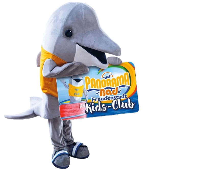 FLiP das Pano-Maskottchen zeigt die Panorama-Bad Kids-Club Mitgliedskarte